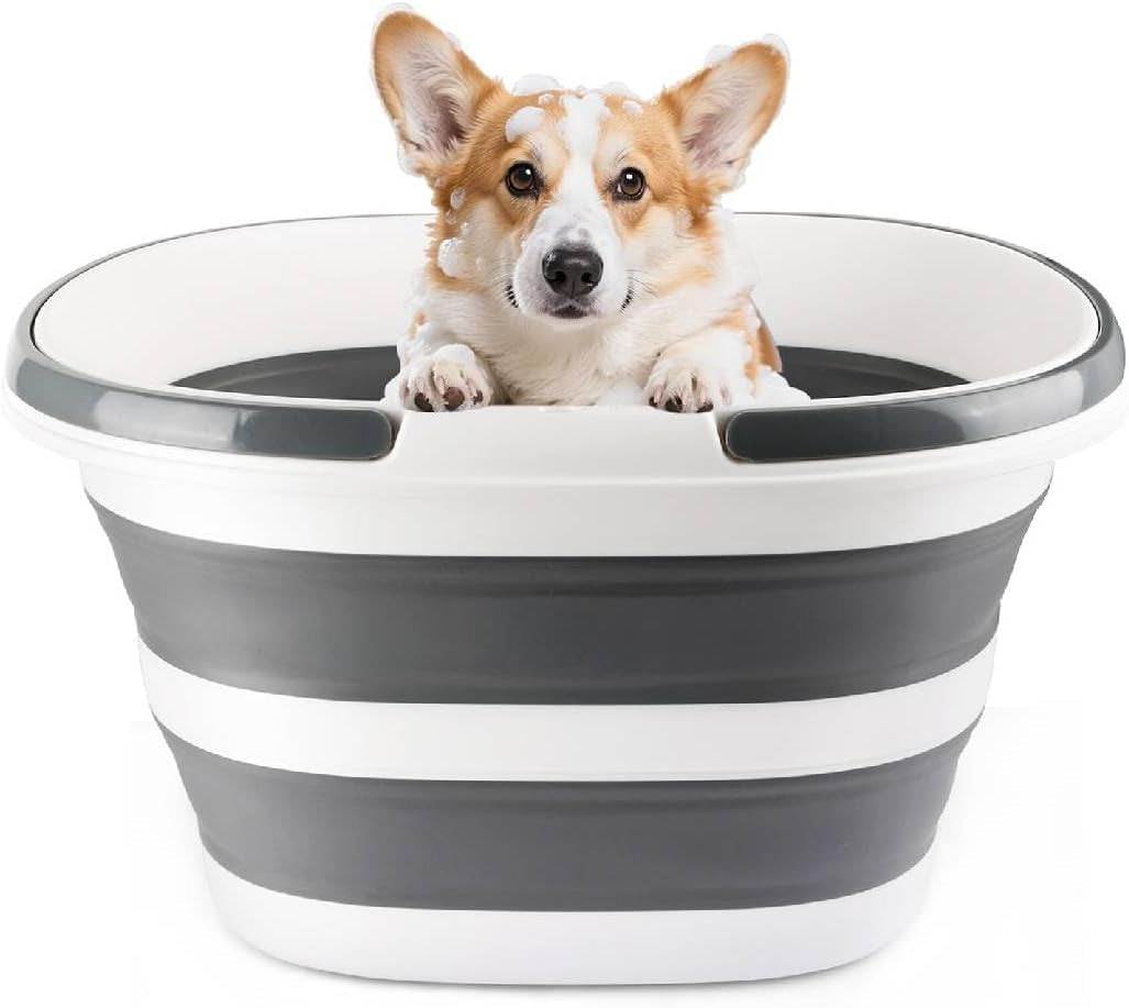 28L Large Collapsible Mop Bucket with Handle for Cleaning, Silicone Portable Pet Bathtub for Puppy Small Dogs Cats, Foldable Laundry Basket Hamper Clothes Storage Bin Space Saving Design for RV Home