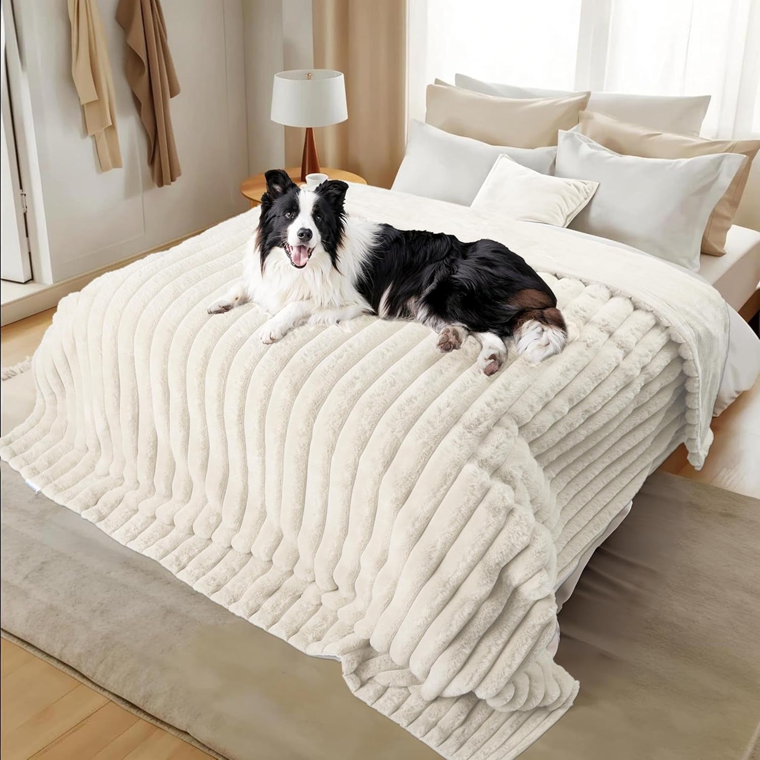 Waterproof Dog Blanket for Bed, Luxury Plush Washable Large Dogs Blankets for Furniture Protection, Super Soft Calming Pet Blanket for Indoors (Cream, 50"X60")
