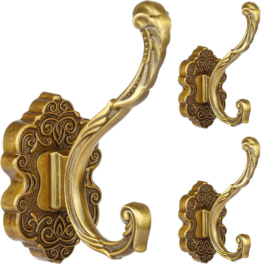 3PCS Coat Hooks Wall Mount, Vintage Decorative Wall Hooks Antique Brass, Rust Resistant Wall Hooks for Hanging Coat,Towel,Key,Cloth,Hat