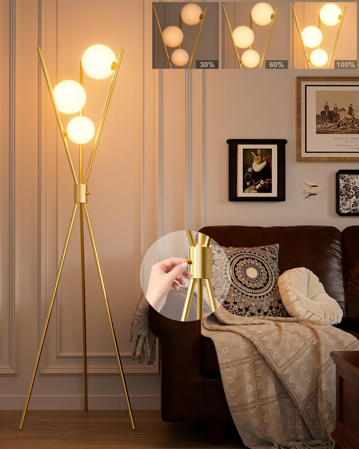 3 Globe Dimmable Tripod Floor Lamp, Mid Century Standing Lamps with 3Pcs 3000K Bulbs Included, Modern Tall Lamp for Living Room Bedroom Office-Gold