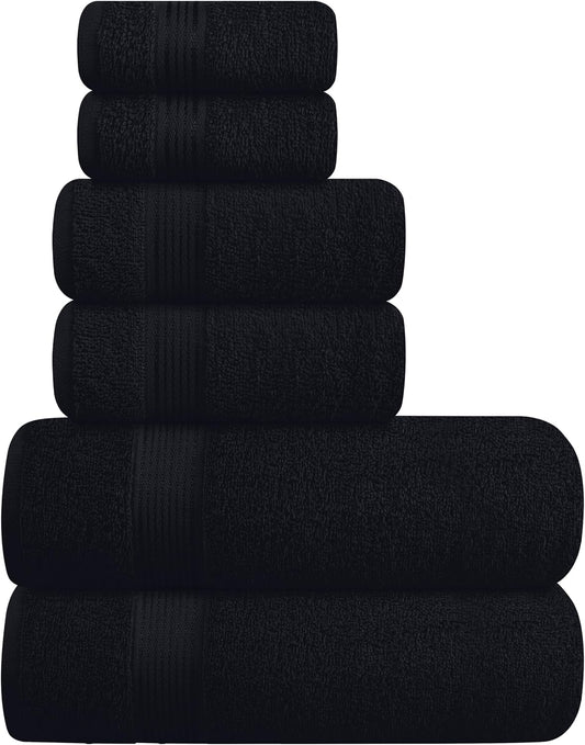 Belizzi Home Ultra Soft 6 Pack Cotton Towel Set, Contains 2 Bath Towels 28X55 Inch, 2 Hand Towels 16X24 Inch & 2 Wash Coths 12X12 Inch, Ideal for Everyday Use, Compact & Lightweight - Black