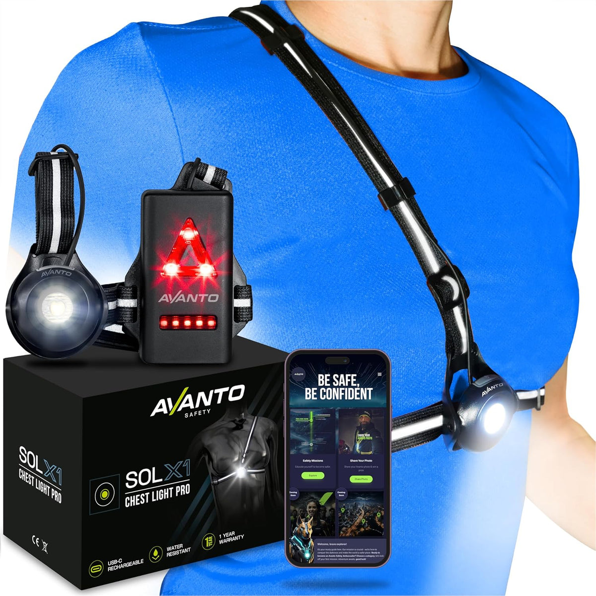 AVANTO SOLX1 Pro Chest Light for Running & Night Walking | Running Headlamp Flashlight Performance | USB-C Charge | Adjustable Beam | Reflective Safety Harness