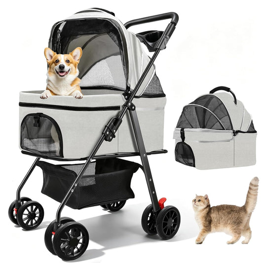 Pet Stroller for Small Dogs and Cats with 4 Wheels, 3 in 1 Foldable Dog Stroller with Detachable Carrier, Breathable Mesh, Storage Basket & Cup Holder, up to 33 Lbs
