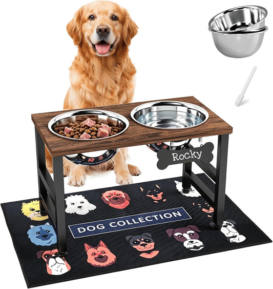 10" Tall Elevated Dog Bowls, Wooden & Metal Raised Dog Bowl Stand with 2 Stainless Steel Bowls-1700Ml Capacity & Non-Slip Mat, Easy-Clean for Indoor/Outdoor Use