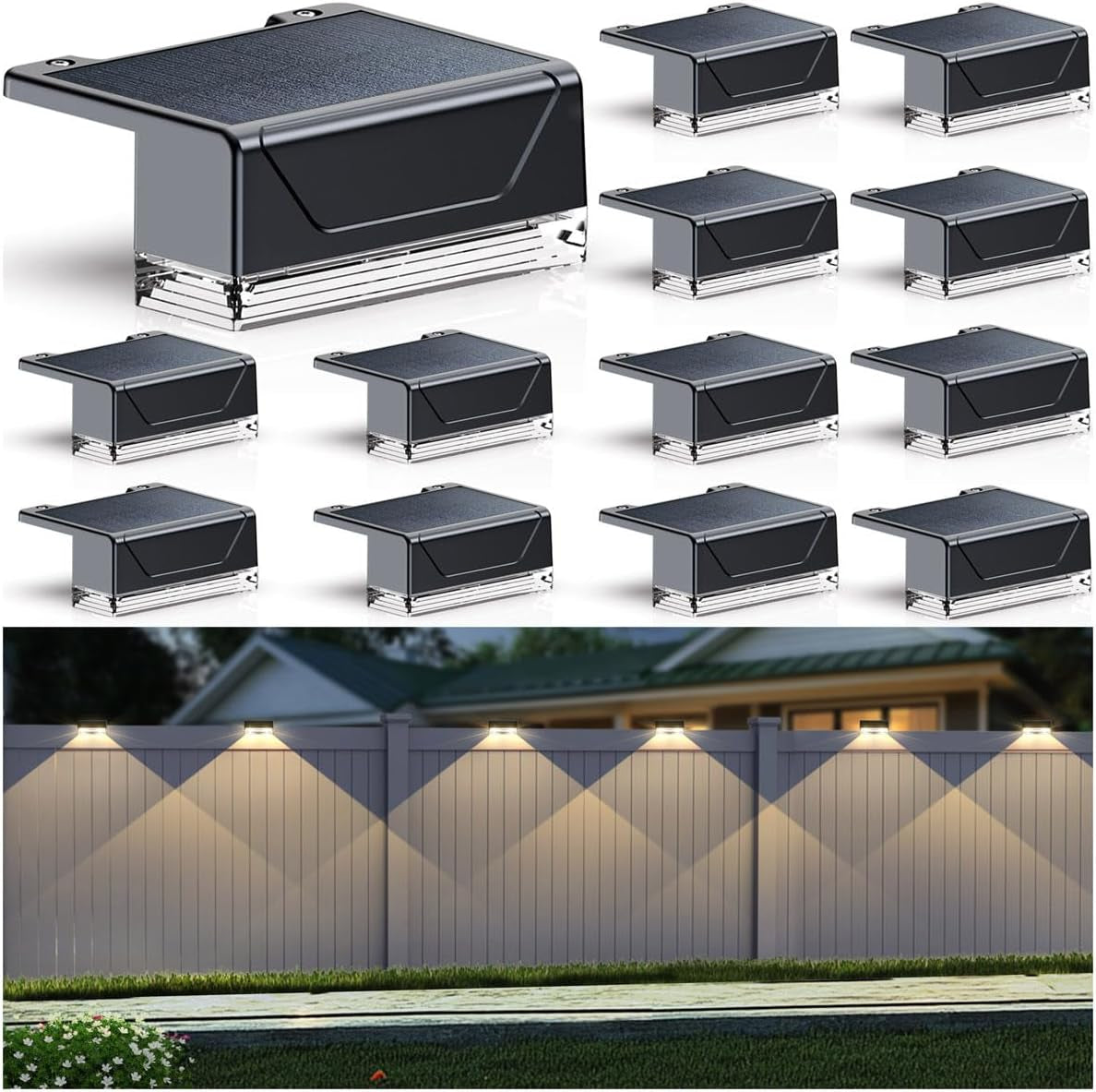 Solar Fence Lights Outdoor - 3000/4000/6000K 3 Mode, IP65 Waterproof Fence Lights Solar Powered, Dusk to Dawn Solar Light for Outside, Backyard/Step/Patio/Deck/Stair Railings and Wall (12 Pack)