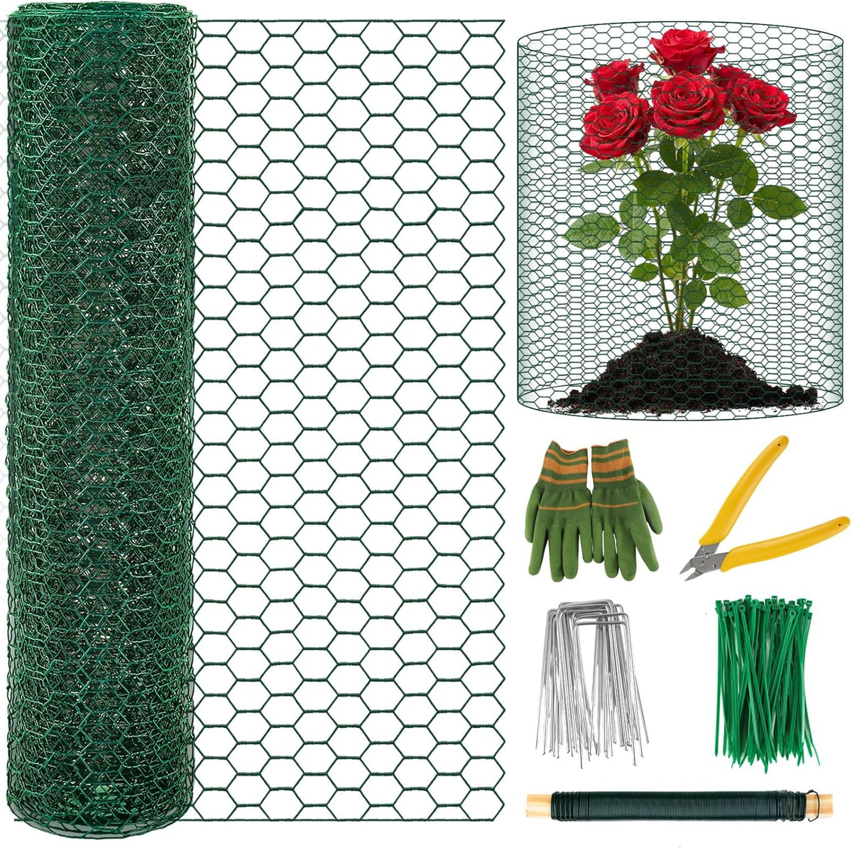 Convivium Plant Protectors from Animals, 0.8Mm Free-Cut Green Chicken Wire Mesh, PVC Coated Tree Trunk Guard & Garden Fence for Outdoor Plants with Zip Ties, Stakes, Pliers, Gloves（16.4Ft*16In）