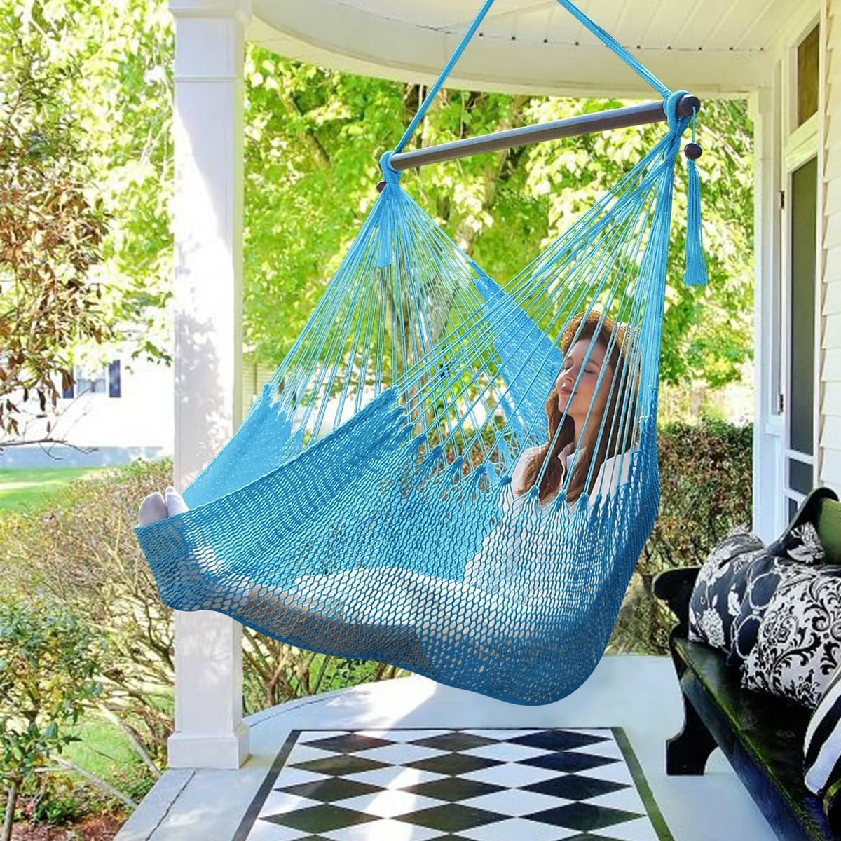 Caribbean Hammock Swing Chair with Spreader Bar, Large Hammock Chair, Hand Craft Rope Hanging Chair Outdoor, Indoor, Bedroom, 330 LBS Weight Capacity, Blue