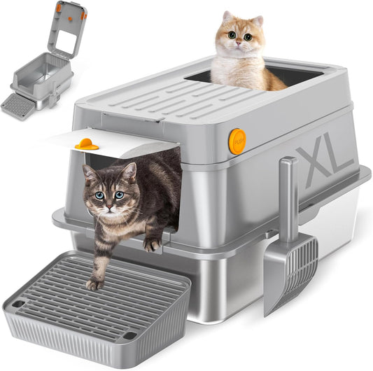 Top Entry XL Stainless Steel Litter Box with Flip-Top Lid, Enclosed Metal