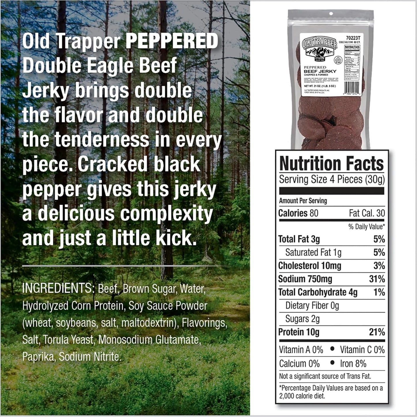 Old Trapper Peppered Double Eagle Beef Jerky | Real Wood Smoked | 10G of Protein | 1 Bag (80 Pieces)