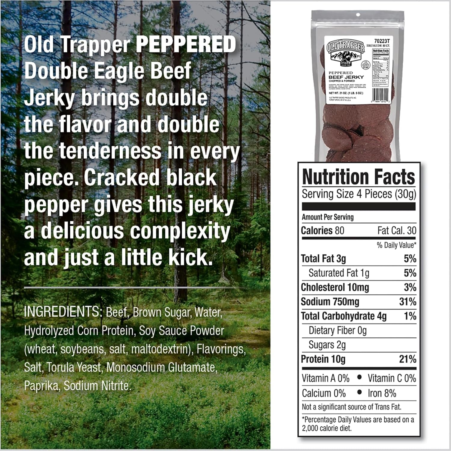Old Trapper Peppered Double Eagle Beef Jerky | Real Wood Smoked | 10G of Protein | 1 Bag (80 Pieces)