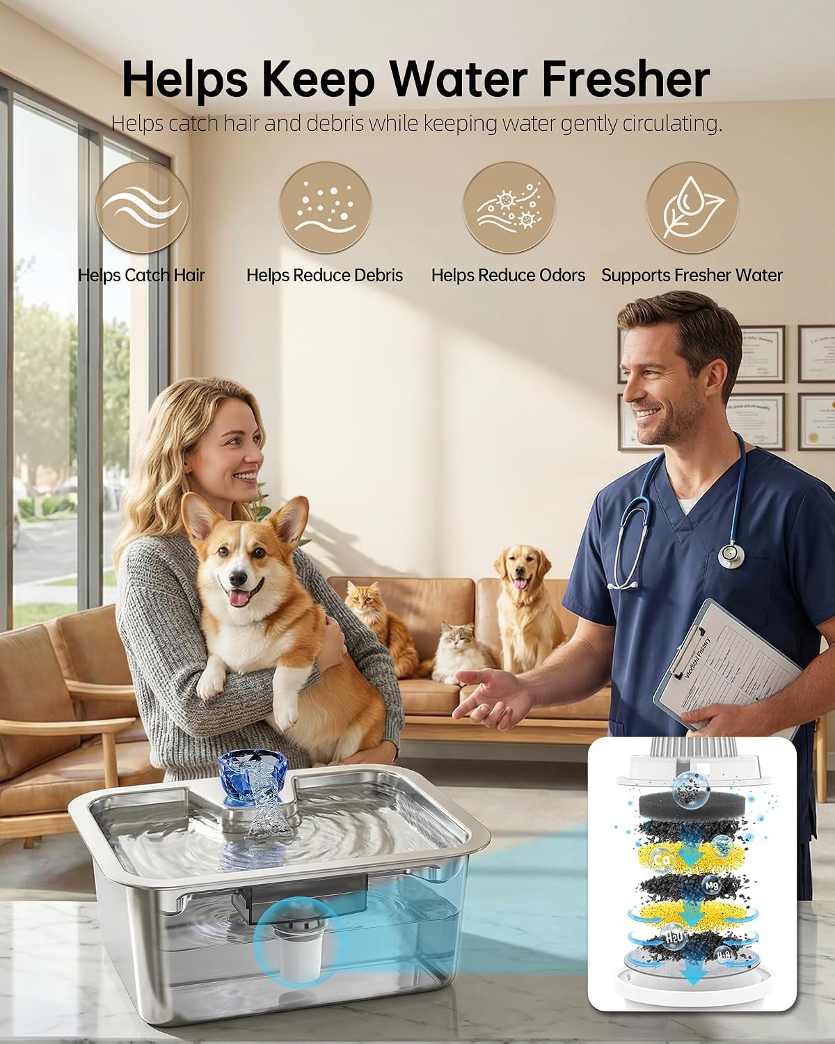 3Gal Large Dog Water Fountain Dispenser, 11L Stainless Steel Pet Fountain with 6 Filters, Ultra Quiet Automatic Dog Water Bowl Dispenser for Large & Multi-Pet, Wide Drinking Area, Easy to Clean