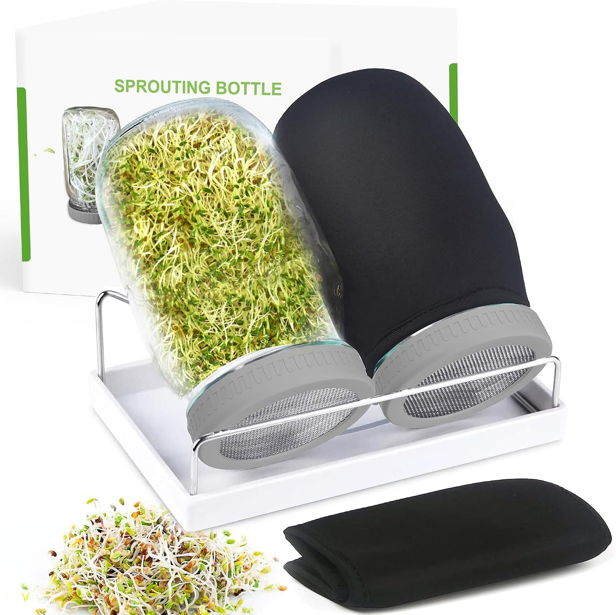 Organic Seed Sprouting Jar Kit – 2 × 32 Oz Wide-Mouth Mason Jars with Stainless-Steel Sprouter Lids & Stand, Blackout Sleeves, Drain Tray – Grow Broccoli, Alfalfa & Bean Microgreens