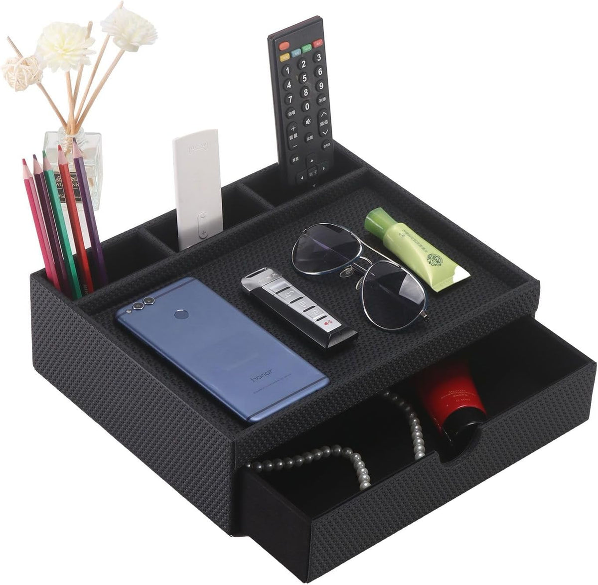 Leather Desk Organizer with Drawers, Home Cosmetics Organizer, Phone Remote Organizer, Drawer plus Divider & Tray (Black)