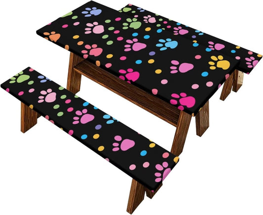 Flashideas Colorful Dog Paw Prints Picnic Table Cover with Bench Covers Camping Essentials Fitted Tablecloth with Elastic Rectangle Tablecloths for Outdoor,Picnic,Camping