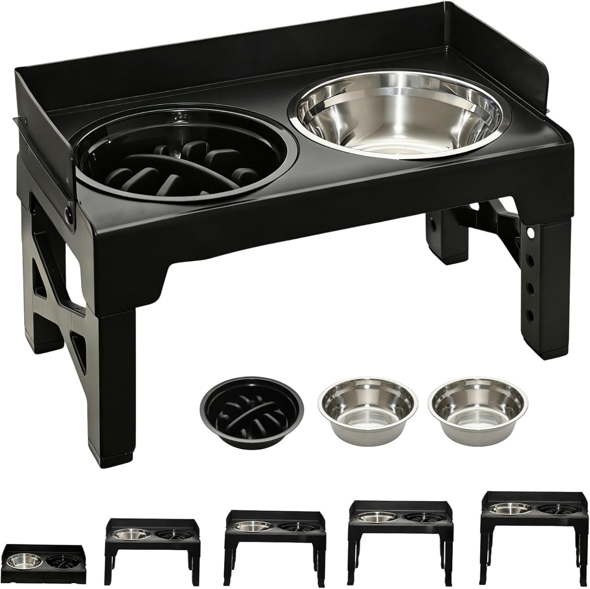 Elevated Dog Bowls 5 Heights Adjustable with Slow Feeder & Splash Guard