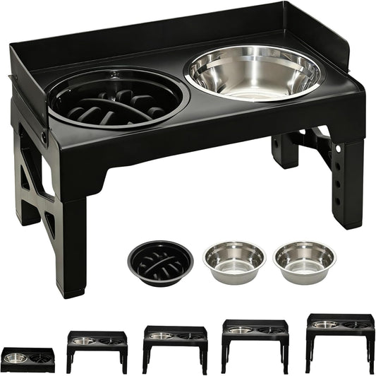 Elevated Dog Bowls 5 Heights Adjustable with Slow Feeder & Splash Guard