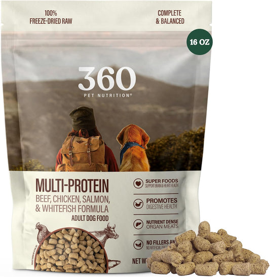 360 Pet Nutrition Freeze-Dried Raw Dog Food – Multi-Protein with Beef, Chicken, Fish, Liver & Organs, High Protein, Omega-3S, Fruits, Veggies & Superfoods, Grain-Free, No Fillers, 1 Lb – Made in USA
