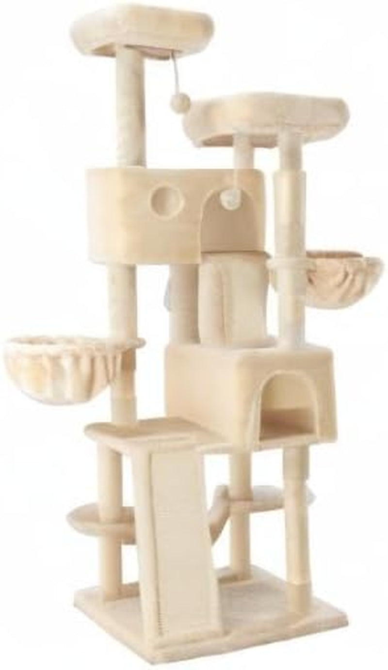 SHA CERLIN 65In Larger Cat Tree Tower Condo for Indoor Kitties/Multi-Level Furniture Activity Center with Wide Base/Cozy Plush Cat Perches/Baskets/Sisal Scratching Posts and Hammock/Beige
