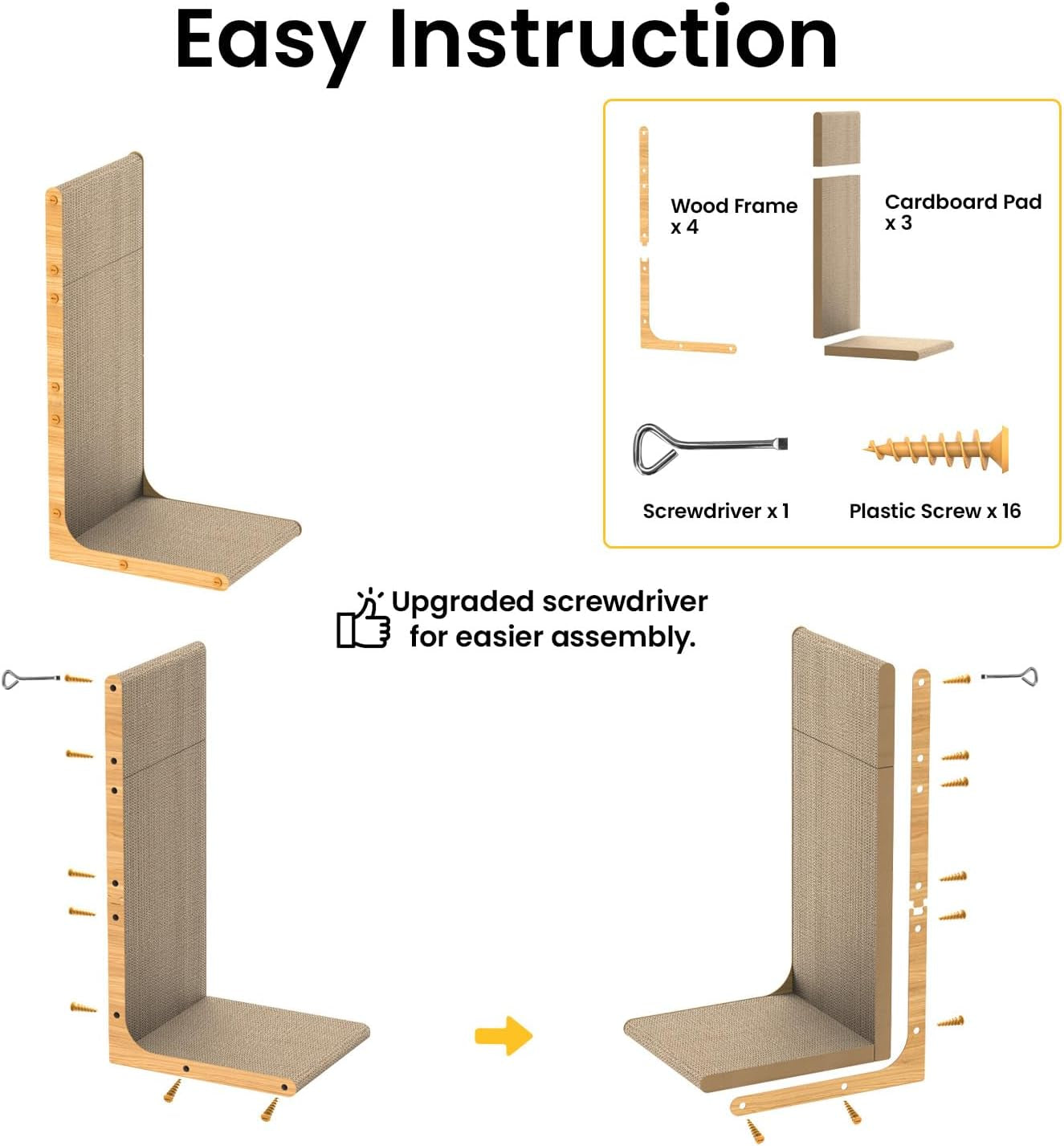 Conlun Cardboard Cat Scratcher, 23" L-Shaped Scratch Pad, Vertical Wall-Leaning Scratching Board to Protect Furniture for Indoor Cats,Wood Grain Large