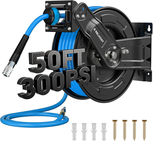 Relhost Retractable Air Hose Reel, 50 Ft X 3/8 in Hybrid Air Hose Max 300PSI, Heavy Duty Air Compressor Hose Reel with Auto Rewind, Ceiling/Wall Mount for Garage, Workshop, Home Studio