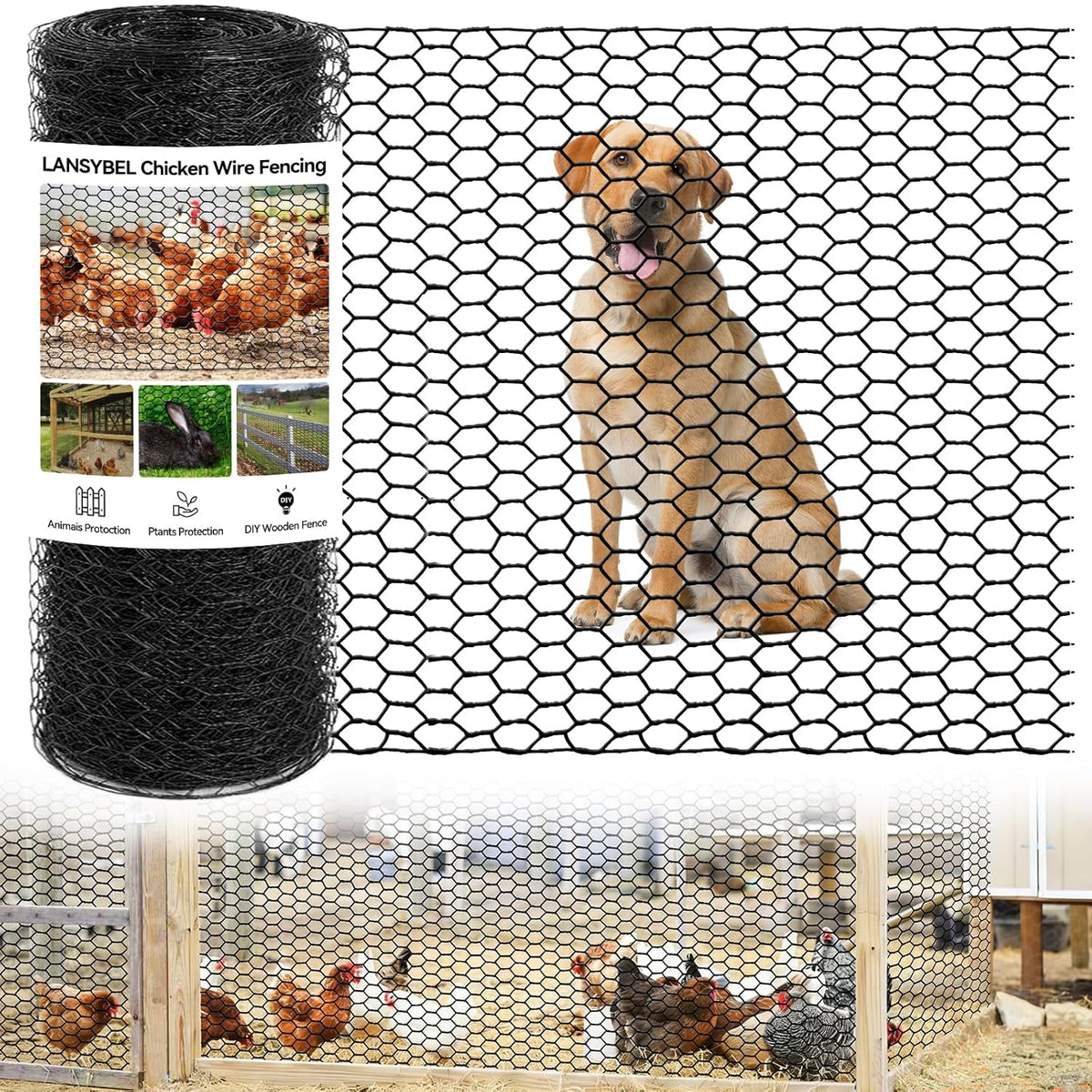 36In X 150Ft Chicken Wire, Black Poultry Wire Netting, Hexagonal Galvanized Mesh, Outdoor Anti-Rust Surface Plastic Coating, Garden Fence Animal Barrier for Pet Rabbit Chicken Fencing