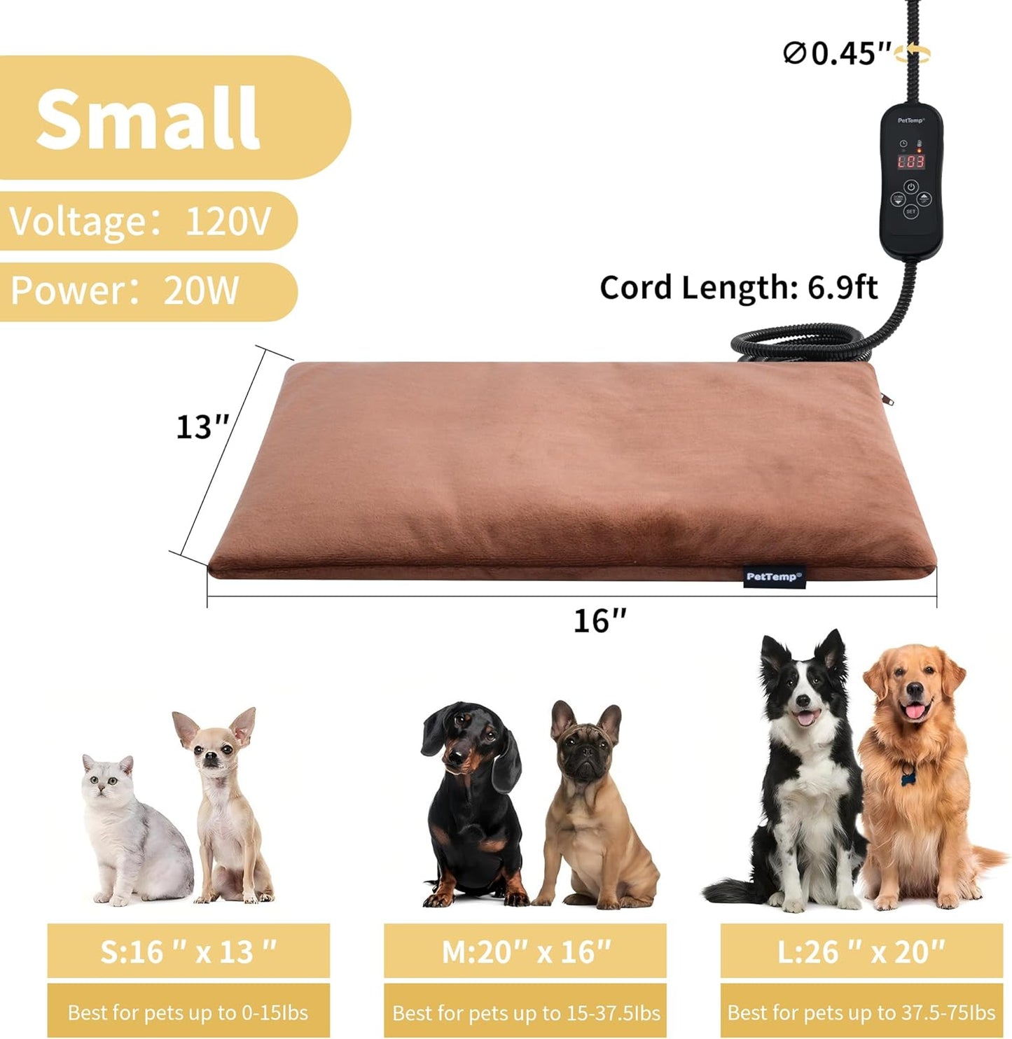 Pet Heating Pad for Cats and Dogs, Heated Cat Bed & Dog Heating Pad with 5 Temperature Levels, Waterproof Heated Pet Mat with Timer, Auto Power-Off and Chew Resistant Cord, 20'' X 16''