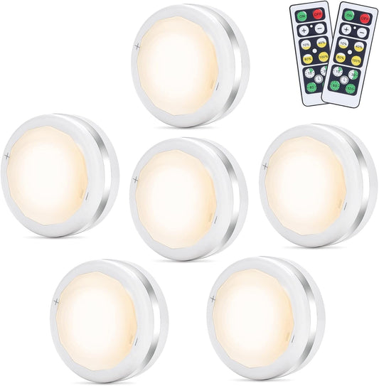 LED Puck Lights 6 Pack, Remote Control, Warm White Brightness Dimmable Battery Powered Touch Closet Cupboard Kitchen Wardrobe Lights