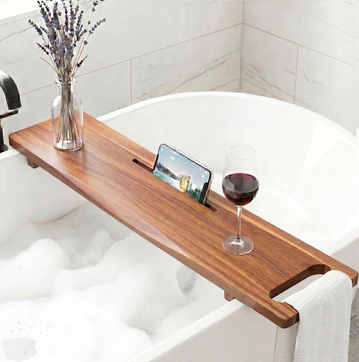 Adjustable Acacia Wood Bathtub Tray Caddy, 39" L with Handles