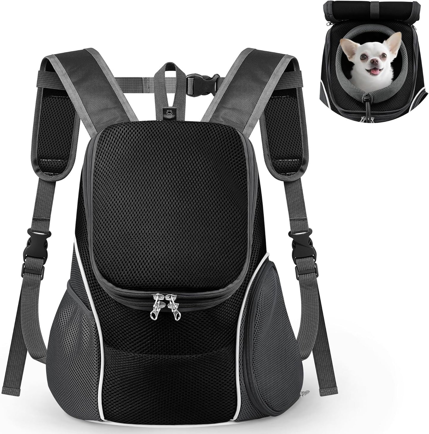 WOYYHO Pet Dog Carrier Backpack with Top and Side Windows, Small Dog Front Backpack Ventilated Dog Back Pack with Safety Belt for Travel Hiking Outdoor Adventures (Size L: 10-14 Lbs, Black 2.0)