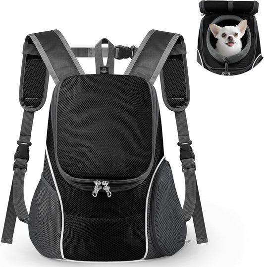 WOYYHO Pet Dog Carrier Backpack with Top and Side Windows, Small Dog Front Backpack Ventilated Dog Back Pack with Safety Belt for Travel Hiking Outdoor Adventures (Size L: 10-14 Lbs, Black 2.0)