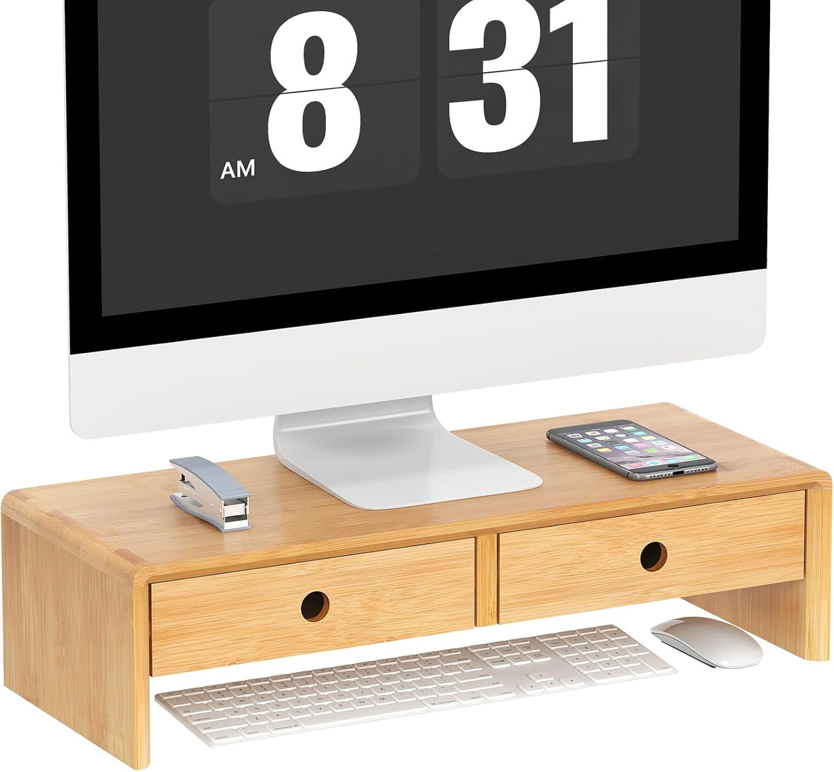 Ufine Bamboo Monitor Stand with 2 Drawers & Keyboard Storage