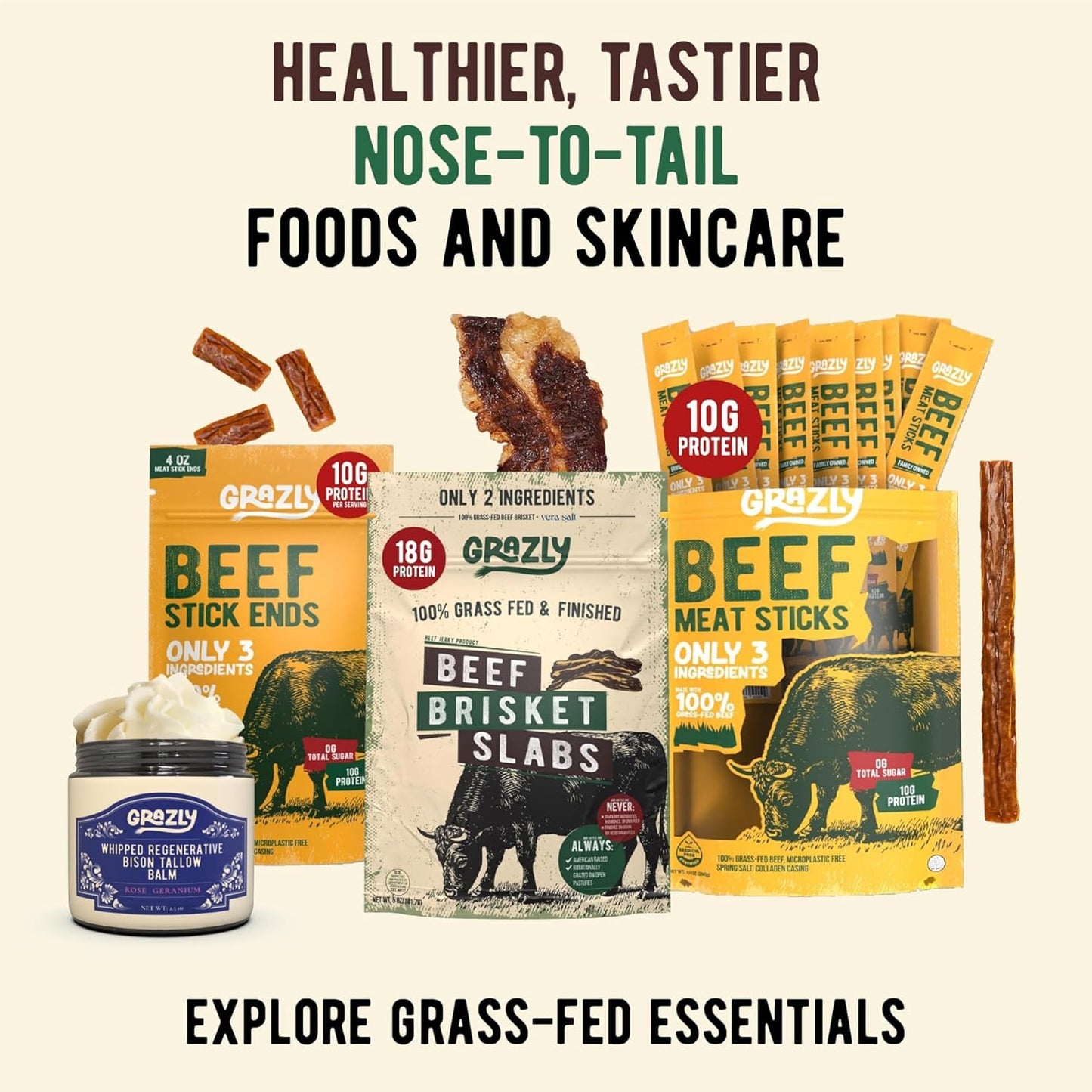 Grazly Beef Brisket Slab – Steakhouse Quality | Grass-Fed & Finished | Only Meat & Salt, Soft & Buttery Texture | High-Protein Carnivore Snack | Made from 1Lb Raw Brisket | 5Oz On-The-Go Snack Pack