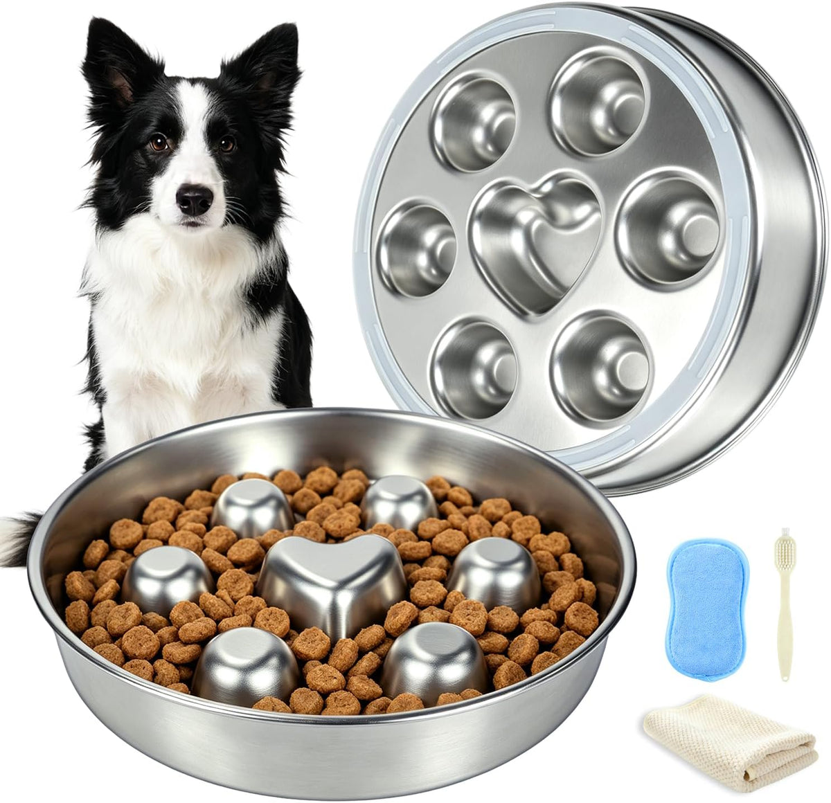 304 Stainless Steel Slow Feeder Dog Bowl with Cleaning Kit for Medium Dogs