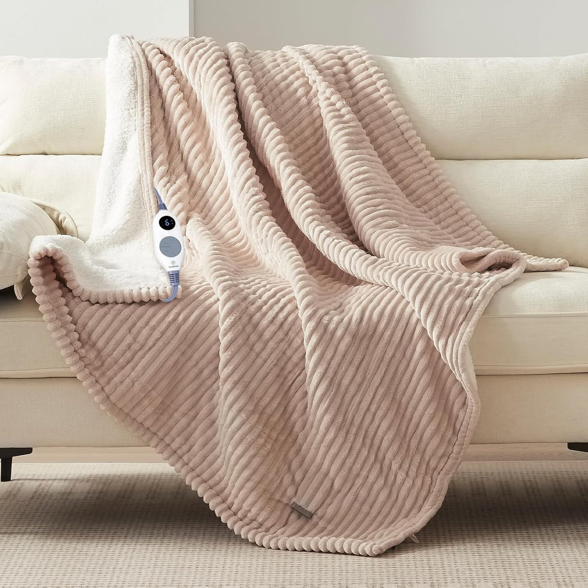 Westinghouse Heated Throw Blanket, Fast Heating Blanket, 50X60 Inch, Beige