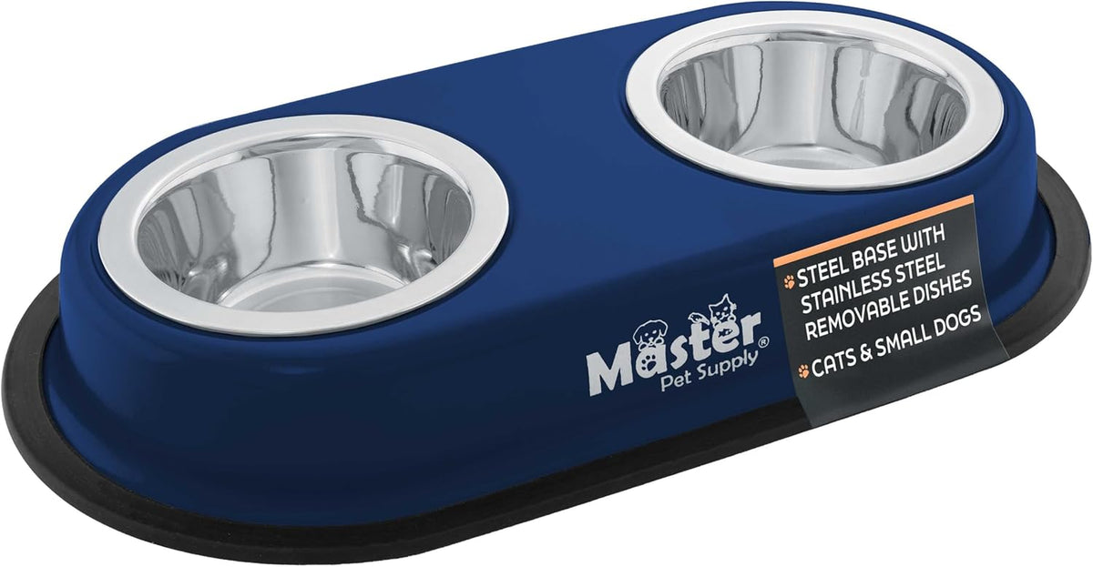 Master Pet Supply Double Dog Bowls Set with Elevated Base Navy Blue
