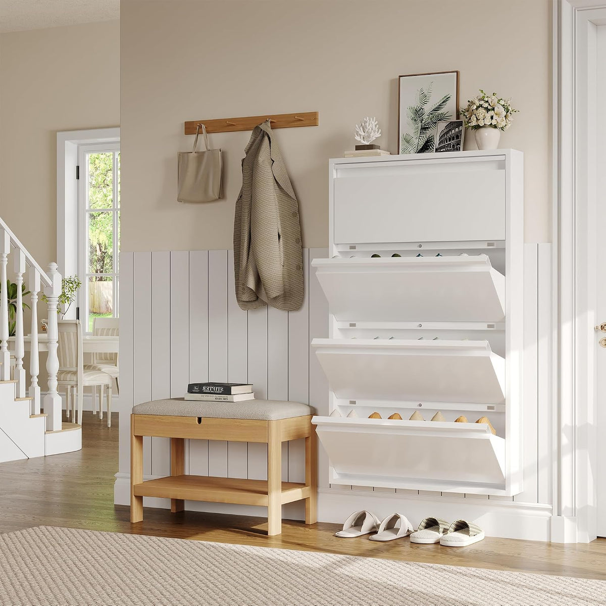 Takywep Slim Metal Shoe Cabinet 4 Flip Drawers Entryway White