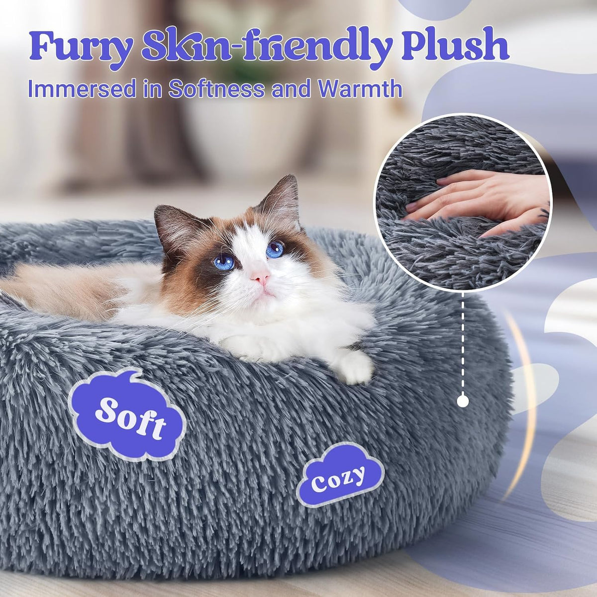 Rabbitgoo Calming Cat Beds for Indoor Cats, 20 Inches, Dark Grey