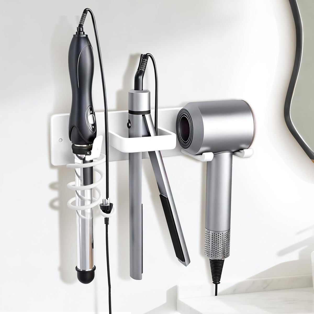 Hair Dryer Holder Hair Tool Organizer Metal Wall Mount (White)