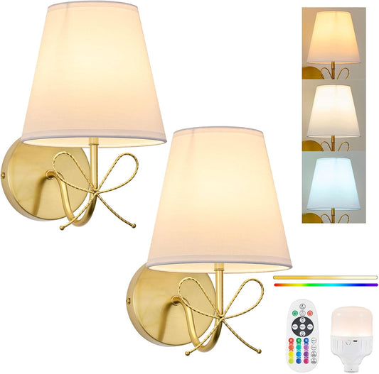 PASSICA DECOR Bow Wireless Battery Operated Wall Sconce Set of 2, Rechargeable Dimmable LED Lights 13000Mah with 15 Colors,Remote Control,Bow Lamp for Girls Rooms,Bedroom Living Room