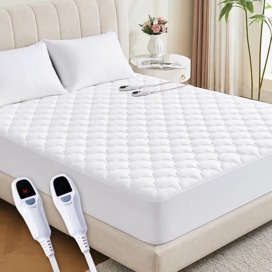 Queen Size Heated Mattress Pad with Dual Control - 10-Hour Auto Shut off & 10 Heat Settings Electric Mattress Pad Cover - Bed Warmer with Deep Pocket, Fast Heating, Machine Washable, White