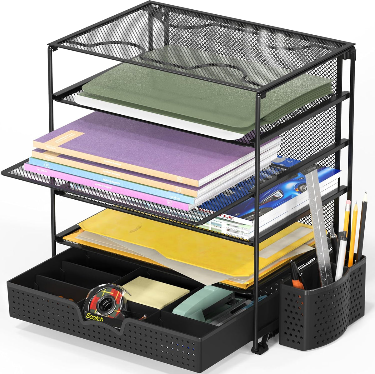 Simple Houseware 5-Tier Desk File Organizer W/Drawer & Pen Holder, Black