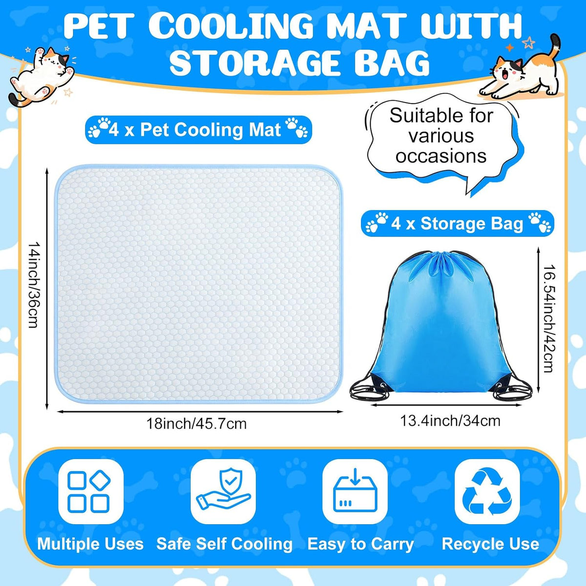 Chunful 4 Pack Dog Cooling Mat, 18 X 14 Inches Washable Self Cooling Pet Pad for Cats Dogs, Ice Silk Cold Kennel Crate Mat with Chill Fiber for Summer Indoor Outdoor Pet Sleeping