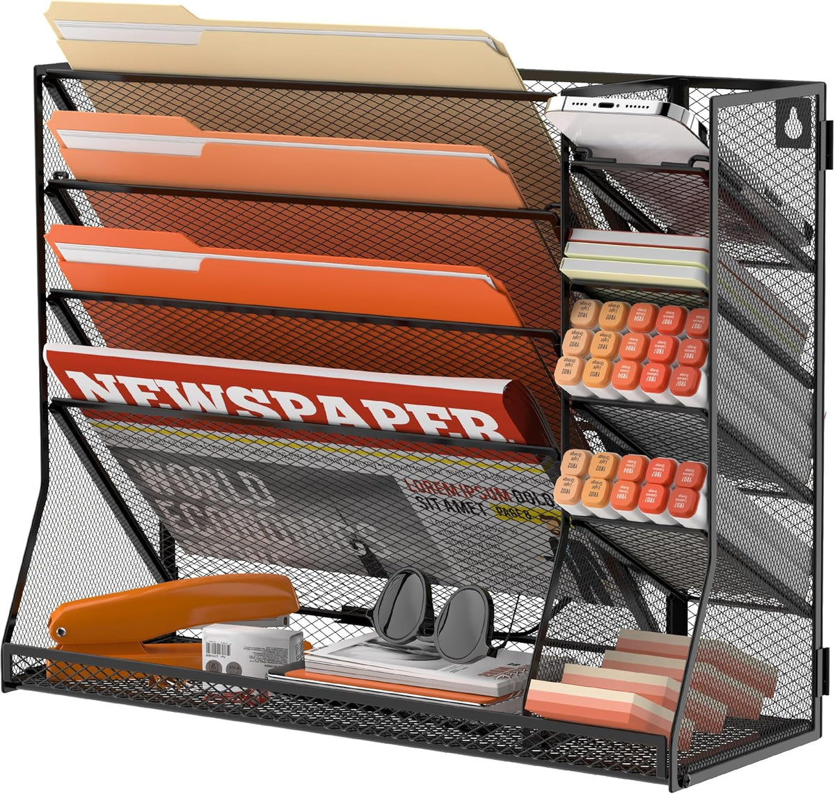 5-Tier Wall File Organizer with 4 Pen Holders and R-Shaped Tray, Black