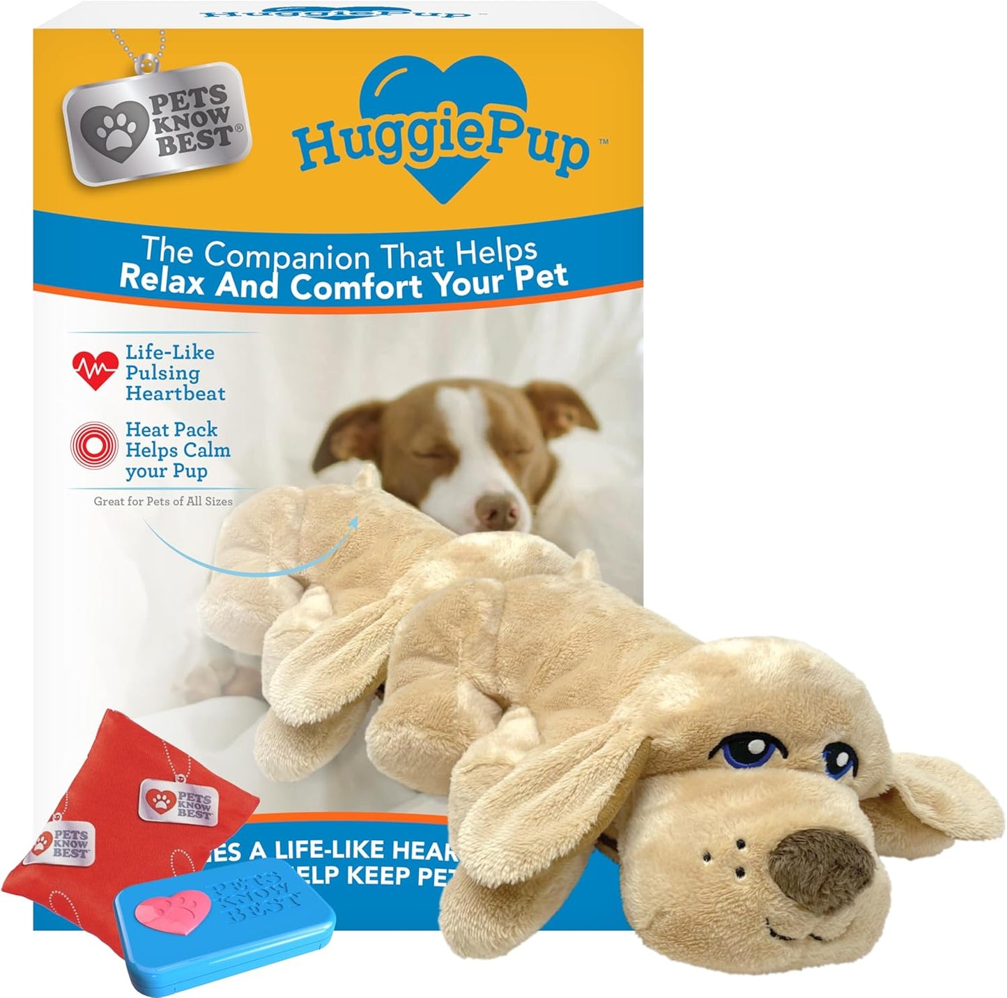 Huggiepup by Pets | Comfort Companion with Heartbeat Sleep Aide for Dogs & Puppies, Heating for Calming Relief Day or Night, Crate & Behavioral Training Essential Breeds | Golden