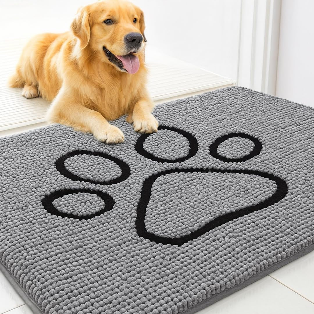 MUDGUARD MAT® Dog Door Mat with Paw Design for Muddy Paws, Super Absorbent Microfiber, Non-Slip Indoor Mat, Quick-Dry Chenille Rug for Pets & Entryway, Machine Washable, Grey 16" X 24"