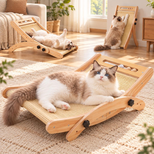 Solid Wood Cat Scratcher Bed, Sisal Lounge Ramp, Brown, Large Cats