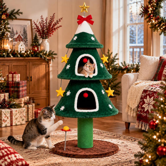 Christmas Cat Tree, 54" Cat Tower with 2 Condos, Sisal Post