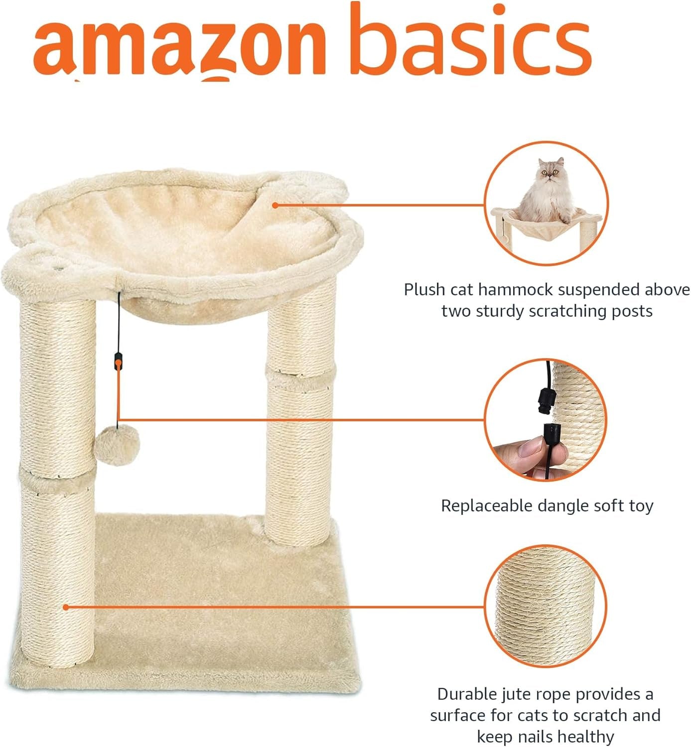 Amazon Basics Cat Tower with Hammock Bed and Scratching Post for Indoor Cats, Easy to Assemble, Interactive Hanging Ball, 15.8" X 15.8" X 19.7", Beige