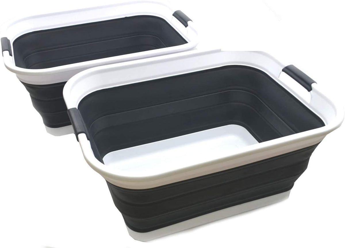 SAMMART 42L(11 Gallon) Set of 2 Collapsible Plastic Laundry Basket-Foldable Pop up Storage Container-Portable Washing Tub-Space Saving,Water Capacity 34L(9 Gallon) (2 Rectangular - Strengthen, Black)