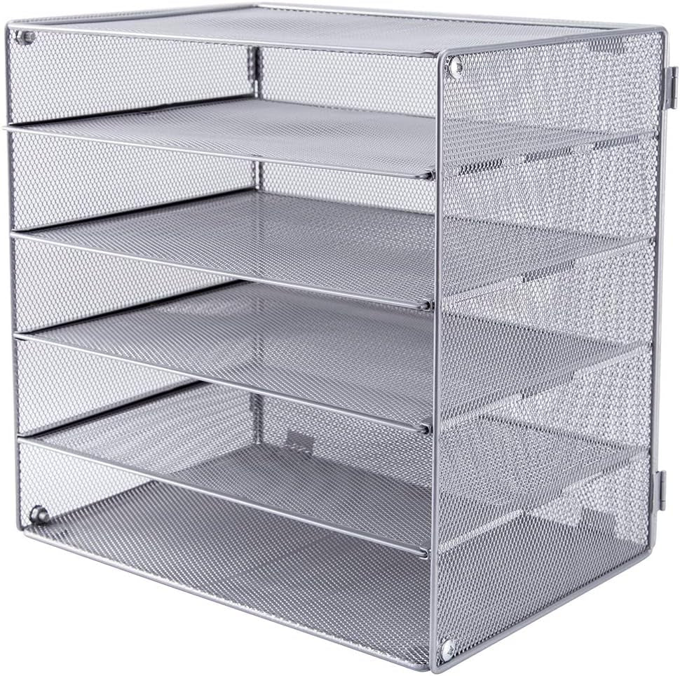 EASEPRES 5 Slot Mesh Desk Organizer Tray, File Paper Letter Folder Holder Desktop Paper Sorter Mail Organization Rack Storage Accessories, for Office Home School Classroom, Silver